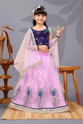 FANCY NET SEQUENCE EMBROIDERY WORK KID'S LEHENGA CHOLI WITH DUPATTA LAVENDER