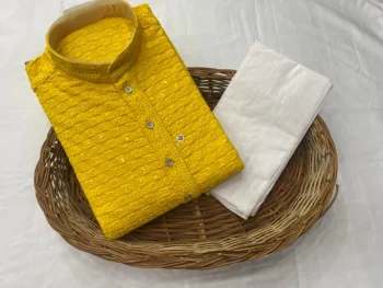 FANCY RAYON EMBROIDERY SEQUENCE WORK MEN'S KURTA PAYJAMA YELLOW