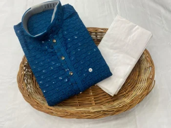 FANCY RAYON EMBROIDERY SEQUENCE WORK MEN'S KURTA PAYJAMA BLUE