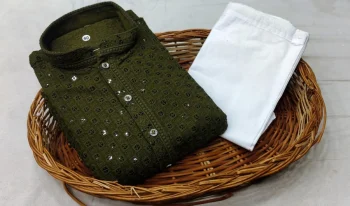 FANCY RAYON EMBROIDERY SEQUENCE WORK MEN'S KURTA PAYJAMA MEHNDI