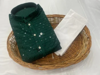 FANCY RAYON EMBROIDERY SEQUENCE WORK MEN'S KURTA PAYJAMA GREEN