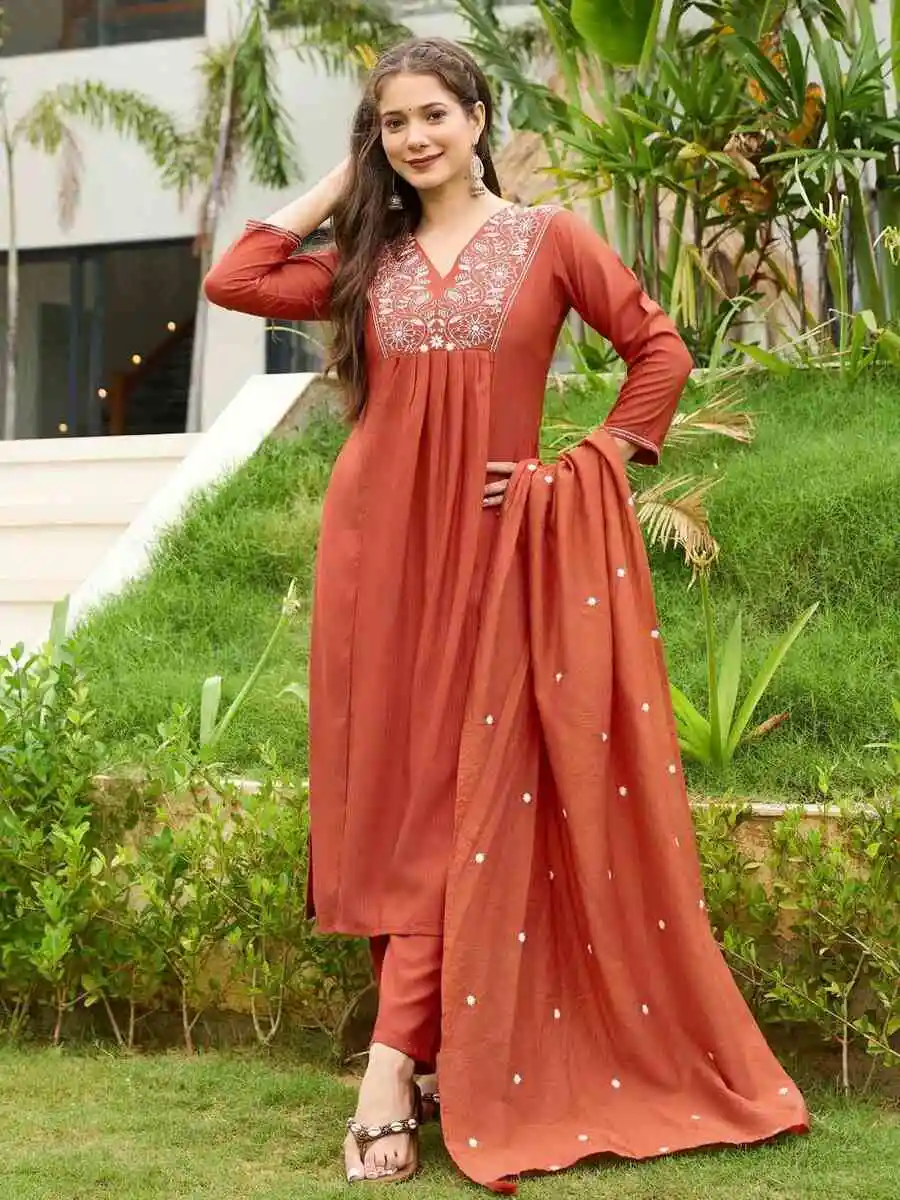 FANCY RAYON EMBROIDERY WORK TOP BOTTOM WITH DUPATTA FESTIVE WEAR WHOLESALE PRICE ETHNIC GARMENT (3)