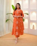 FANCY RAYON SLUB EMBROIDERY WORK TOP BOTTOM WITH DUPATTA ORANGE