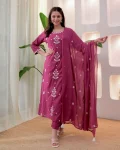 FANCY RAYON SLUB EMBROIDERY WORK TOP BOTTOM WITH DUPATTA PINK