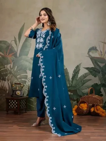 FANCY ROMAN SILK EMBROIDERY WORK TOP BOTTOM WITH DUPATTA BLUE