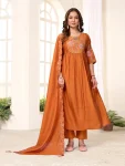 FANCY ROMAN SILK MULTI EMBROIDERY THREAD WITH HAND WORK TOP BOTTOM WITH DUPATTA ORANGE