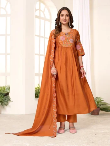 FANCY ROMAN SILK MULTI EMBROIDERY THREAD WITH HAND WORK TOP BOTTOM WITH DUPATTA ORANGE