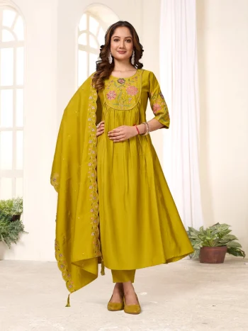 FANCY ROMAN SILK MULTI EMBROIDERY THREAD WITH HAND WORK TOP BOTTOM WITH DUPATTA LEMON