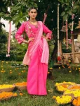 FANCY SHIMMER BANDHANI PRINT WORK LEHENGA SAREE WITH PLAIN BLOUSE AND EMBROIDERY HAND WORK KOTI PINK