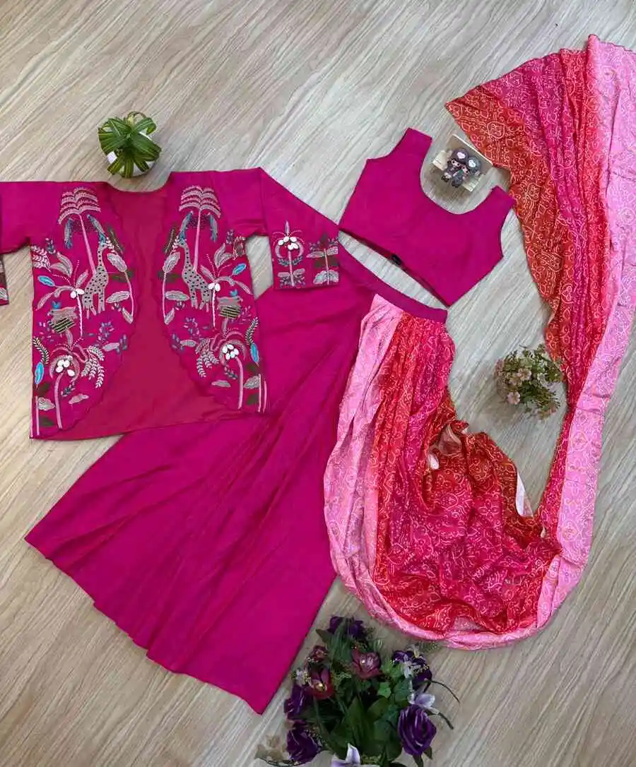 FANCY SHIMMER BANDHANI PRINT WORK LEHENGA SAREE WITH PLAIN BLOUSE AND EMBROIDERY HAND WORK KOTI PARTY WEAR WHOLESALE PRICE ETHNIC GARMENT (27)