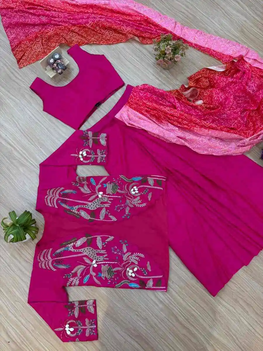 FANCY SHIMMER BANDHANI PRINT WORK LEHENGA SAREE WITH PLAIN BLOUSE AND EMBROIDERY HAND WORK KOTI PARTY WEAR WHOLESALE PRICE ETHNIC GARMENT (28)
