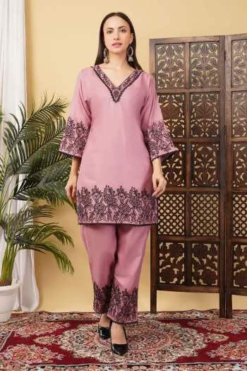 FANCY SLUB COTTON EMBROIDERY CHIAN WORK CO-ORD SET PURPLE