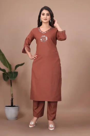 FANCY SLUB COTTON ORIGINAL MIRROR HAND WORK TOP BOTTOM SET BROWN