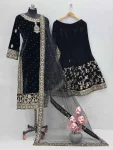 FANCY VELVET EMBROIDERY CHAIN SEQUENCE WORK WITH RIVET MOTI HAND WORK TOP SHARARA WITH DUPATTA WEDDING WEAR WHOLESALE PRICE ETHNIC GARMENT (3)