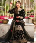 FANCY VELVET EMBROIDERY CHAIN SEQUENCE WORK WITH RIVET MOTI HAND WORK TOP SHARARA WITH DUPATTA WEDDING WEAR WHOLESALE PRICE ETHNIC GARMENT (3)