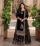 FANCY VELVET EMBROIDERY CHAIN SEQUENCE WORK WITH RIVET MOTI HAND WORK TOP SHARARA WITH DUPATTA BLACK