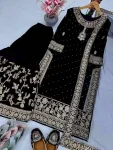 FANCY VELVET EMBROIDERY CHAIN SEQUENCE WORK WITH RIVET MOTI HAND WORK TOP SHARARA WITH DUPATTA WEDDING WEAR WHOLESALE PRICE ETHNIC GARMENT (3)