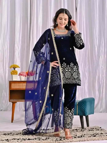 FANCY VELVET EMBROIDERY MULTI NEEDLE SEQUENCE WORK TOP BOTTOM WITH DUPATTA NAVY BLUE