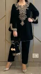 FANCY VELVET EMBROIDERY SEQUENCE WORK TOP BOTTOM SET BLACK
