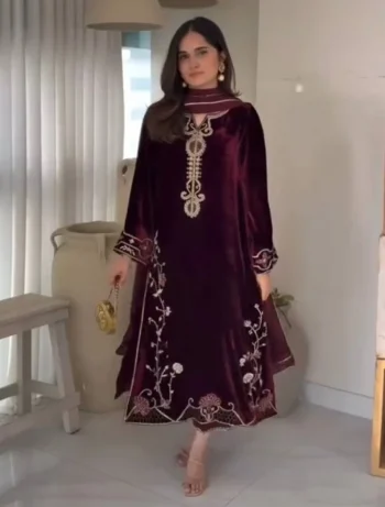 FANCY VELVET EMBROIDERY SEQUENCE WORK TOP BOTTOM WITH DUPATTA MAROON