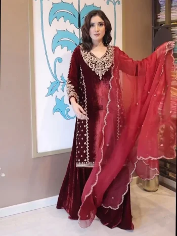FANCY VELVET EMBROIDERY WORK TOP PALAZZO WITH DUPATTA MAROON