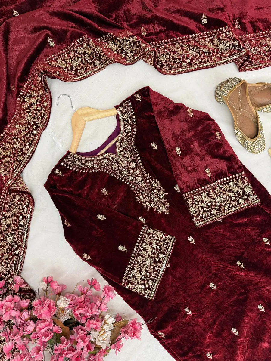 FANCY VELVET SEQUENCE & ZARI EMBROIDERY WORK TOP PALAZZO WITH DUPATTA FESTIVE WEAR WHOLESALE PRICE ETHNIC GARMENT (13)