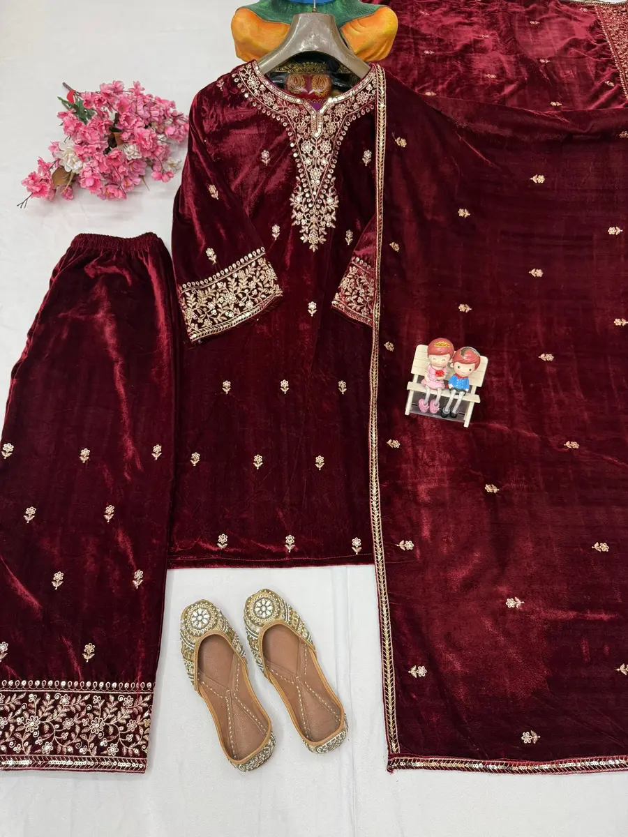FANCY VELVET SEQUENCE & ZARI EMBROIDERY WORK TOP PALAZZO WITH DUPATTA FESTIVE WEAR WHOLESALE PRICE ETHNIC GARMENT (14)