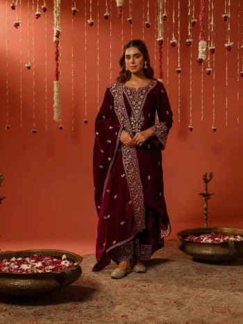 FANCY VELVET SEQUENCE & ZARI EMBROIDERY WORK TOP PALAZZO WITH DUPATTA MAROON