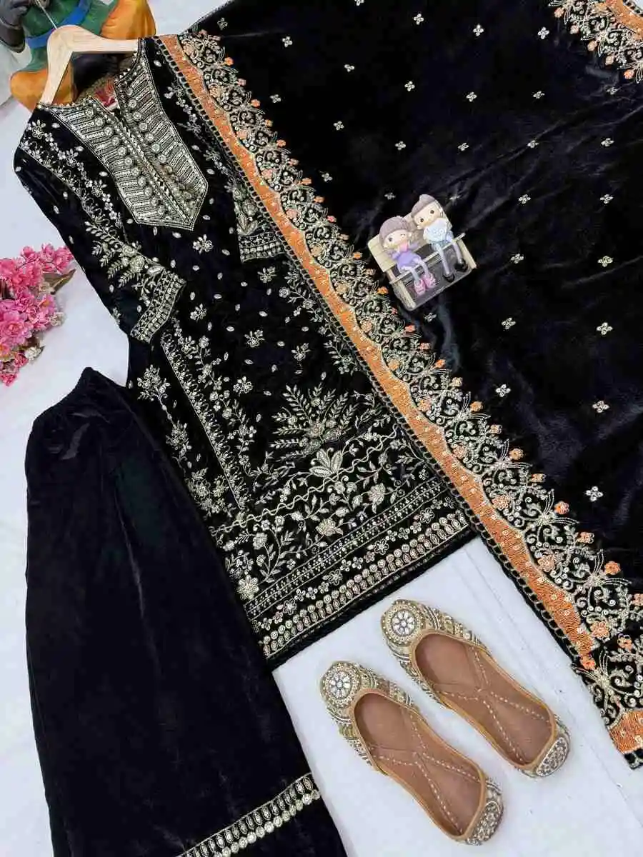 FANCY VELVET SEQUENCE & ZARI EMBROIDERY WORK TOP PALAZZO WITH DUPATTA WEDDING WEAR WHOLESALE PRICE ETHNIC GARMENT (15)