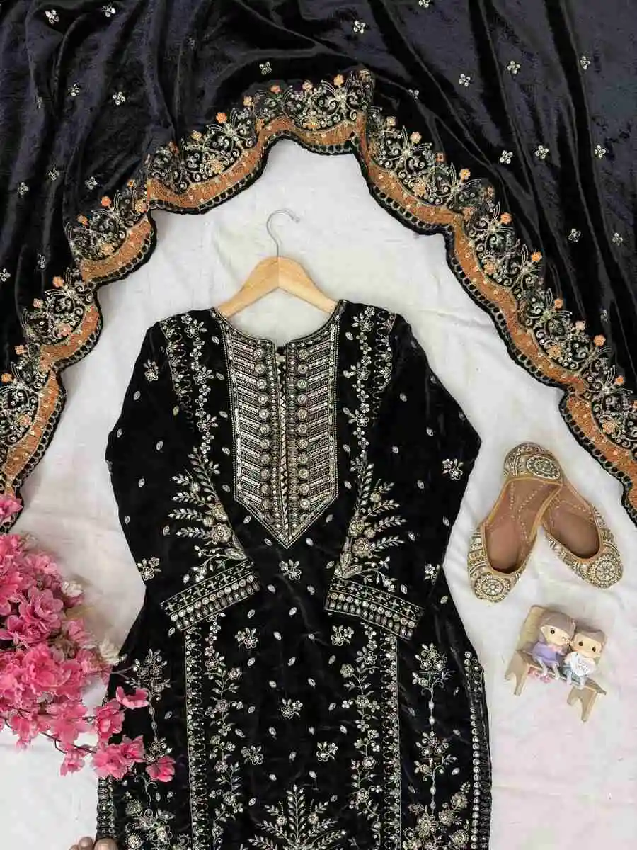 FANCY VELVET SEQUENCE & ZARI EMBROIDERY WORK TOP PALAZZO WITH DUPATTA WEDDING WEAR WHOLESALE PRICE ETHNIC GARMENT (16)