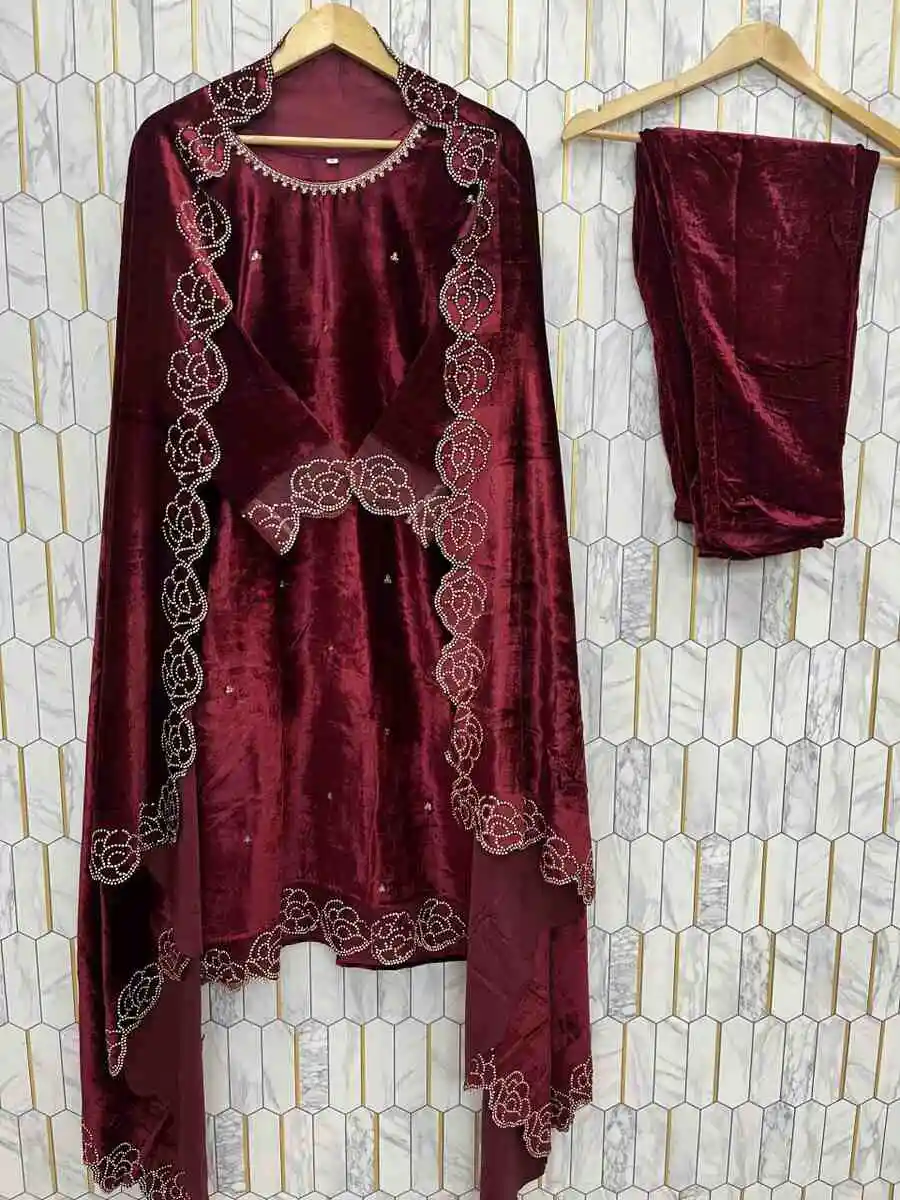 FANCY VELVET ZARKHAN AND EMBROIDERY SEQUENCE WORK TOP BOTTOM WITH DUPATTA FESTIVE WEAR WHOLESALE PRICE ETHNIC GARMENT (1)