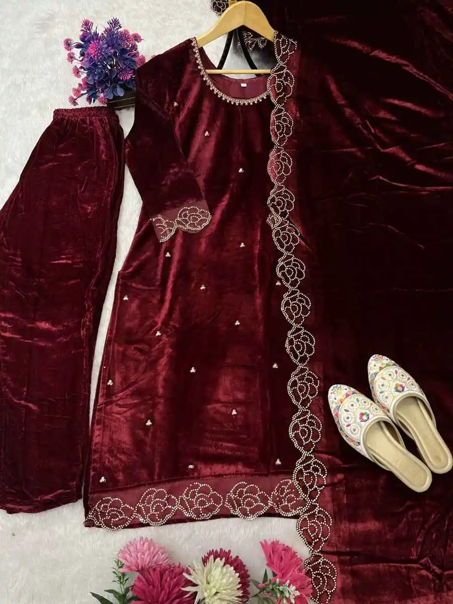 FANCY VELVET ZARKHAN AND EMBROIDERY SEQUENCE WORK TOP BOTTOM WITH DUPATTA FESTIVE WEAR WHOLESALE PRICE ETHNIC GARMENT (6)