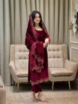 FANCY VELVET ZARKHAN AND EMBROIDERY SEQUENCE WORK TOP BOTTOM WITH DUPATTA MAROON (2) (1)