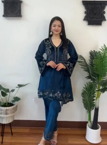 FANCY VISCOSE VELVET CODING THREAD EMBROIDERY WITH REAL MIRROR WORK CO-ORD SET BLUE