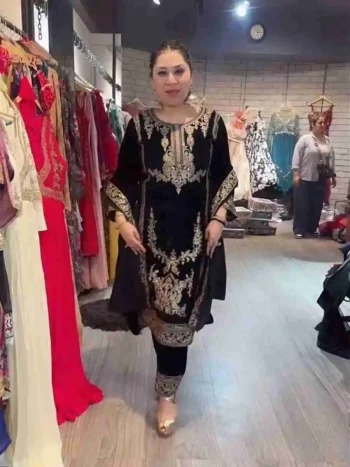 FANCY VISCOSE VELVET EMBROIDERY CODING SEQUENCE WORK TOP BOTTOM WITH DUPATTA BLACK