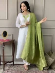FASHIONABLE COTTON BLEND EMBROIDERY WORK TOP BOTTOM WITH DUPATTA GREEN WHITE
