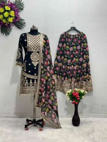 FASHIONABLE GEORGETTE CHINE STITCH SEQUENCE LACE WORK TOP SHARARA WITH DUPATTA BLACK