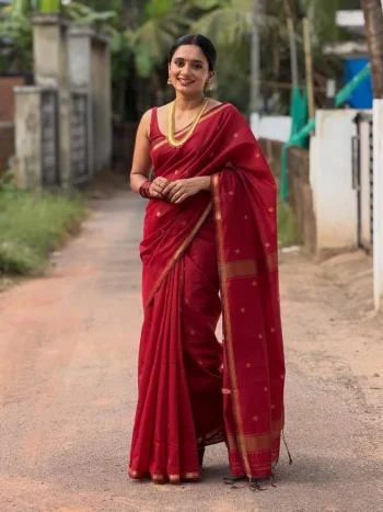 LATEST  LINEN COTTON WEAVING WORK SAREE WITH UNSTITCHED BLOUSE MAROON