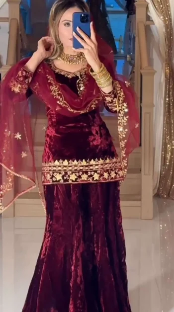 LATESTVELVET EMBROIDERY MULTI NEEDLE SEQUENCE WORK TOP PALAZZO WITH DUPATTA MAROON