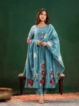 MODERN CHANDERI COTTON EMBROIDERY WORK TOP BOTTOM WITH DUPATTA TEAL