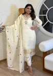MODERN CHANDERI EMBROIDERY WORK TOP BOTTOM WITH DUPATTA OFF WHITE