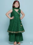 MODERN CHANDERI SILK PRINTED WORK TOP SHARARA WITH DUPATTA GREEN