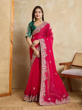 MODERN CHIFFON SILK EMBROIDERY WITH PIPING BORDER WORK SAREE WITH UNSTITCHED BLOUSE RANI