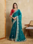 MODERN CHIFFON SILK EMBROIDERY WITH PIPING BORDER WORK SAREE WITH UNSTITCHED BLOUSE WEDDING WEAR WHOLESALE PRICE ETHNIC GARMENT (5)
