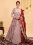 MODERN CHINON EMBROIDERY SEQUENCE WORK GOWN WITH DUPATTA PEACH