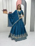 MODERN CHINON EMBROIDERY THREAD WORK LEHENGA CHOLI WITH DUPATTA TEAL