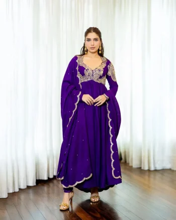 MODERN CHINON SILK ZARI, THREAD &  SEQUENCE EMBROIDERY WORK GOWN BOTTOM WITH DUPATTA  PURPLE