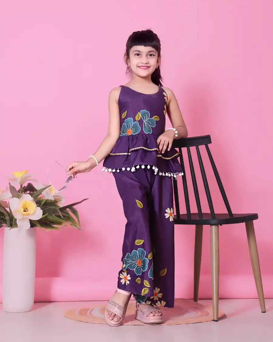 MODERN COTTON BLEND DIGITAL FLOWER PRINT & POM POM BORDER WORK KID'S TOP PENT SET DAILY WEAR WHOLESALE PRICE ETHNIC GARMENT (2)
