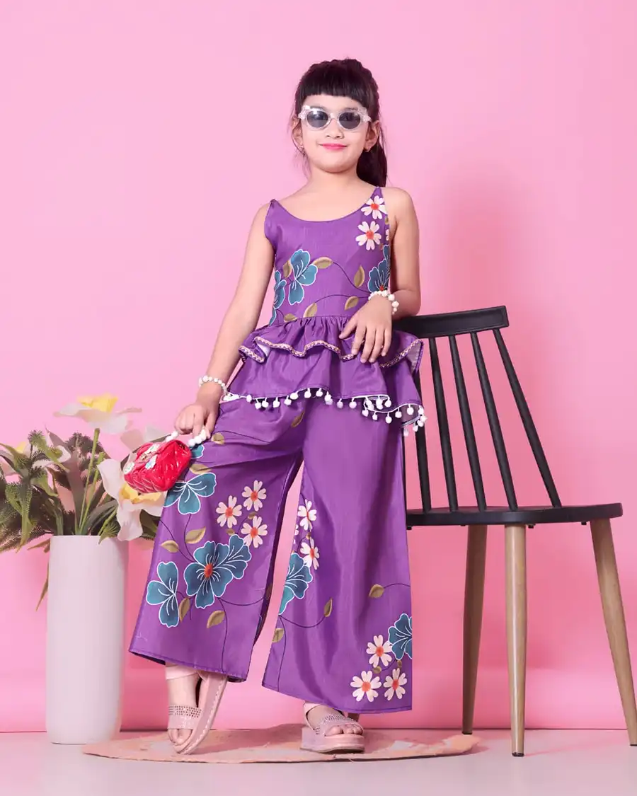MODERN COTTON BLEND DIGITAL FLOWER PRINT & POM POM BORDER WORK KID'S TOP PENT SET DAILY WEAR WHOLESALE PRICE ETHNIC GARMENT (4)