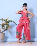 MODERN COTTON BLEND DIGITAL FLOWER PRINT & POM POM BORDER WORK KID'S TOP PENT SET GAJARI